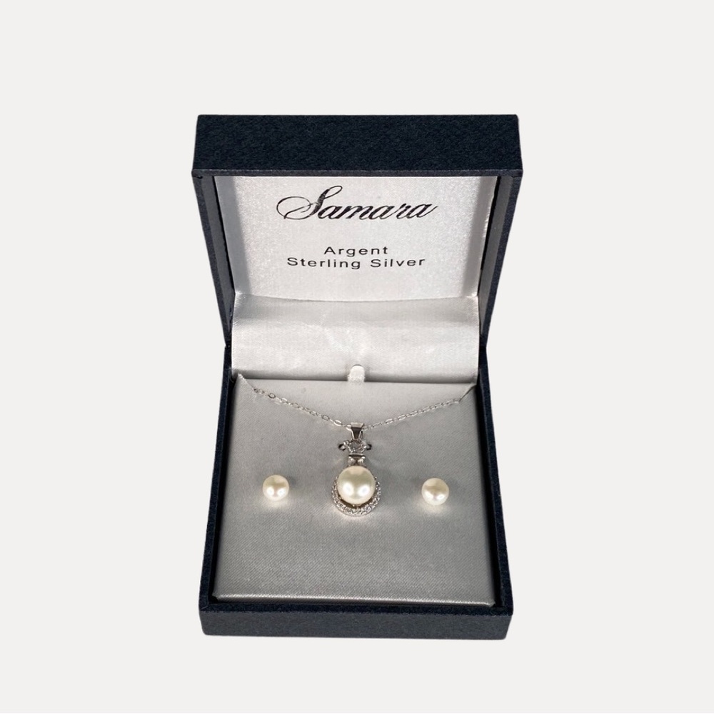 SAMARA Argent Sterling Silver 925 Pearl Necklace & Earrings Set